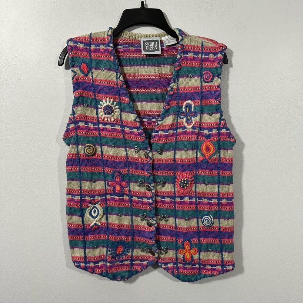 Vintage 1994 Sigrid Olsen Sweater Vest L Ramie Cotton Embroidered Beaded Boho